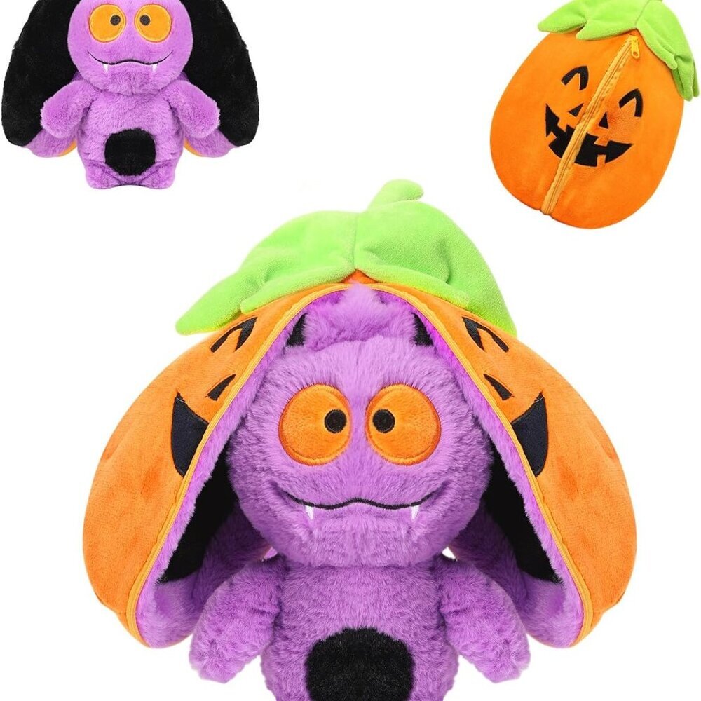 Halloween Bat Stuffed Animal, 11inch Reversible Halloween Pumpkin Bat Plush Pill